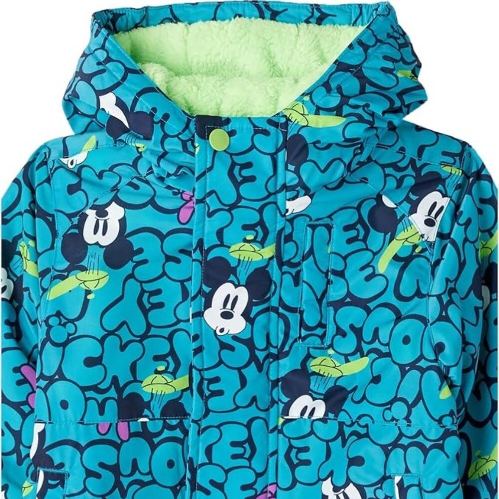 NEW Mickey Mouse Puffer Coat Sherpa Fleece Lining Small 6Y 7Y Blue Green Fun - Picture 2 of 3
